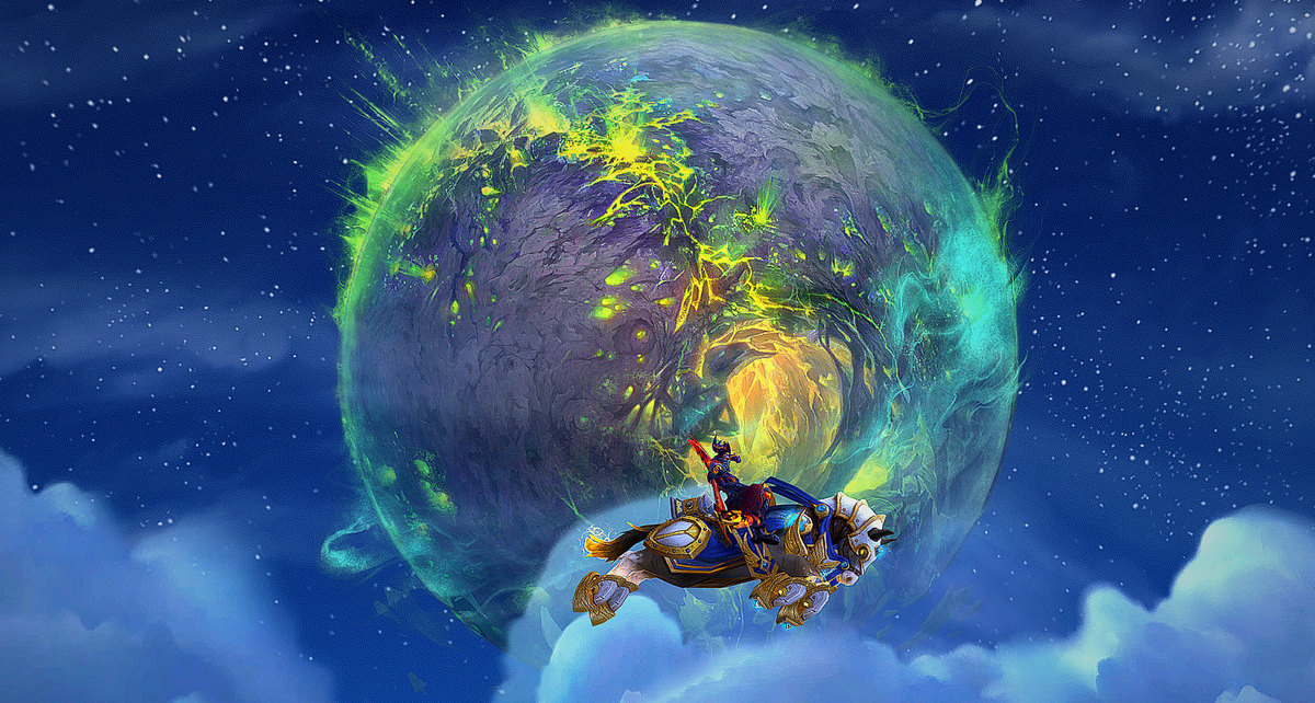 My Legion Remix Paladin soars through the skies above the Broken Isles in front of a broken Argus